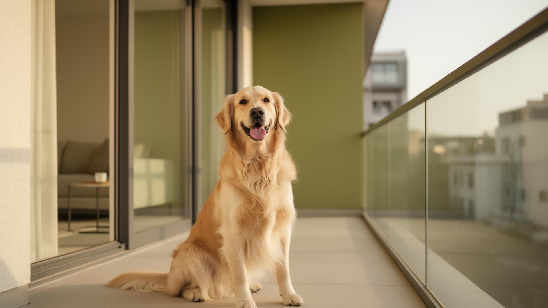 A happy dog on a modern apartment balcony with warm natural light