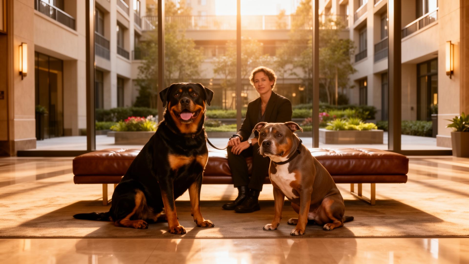 A Rottweiler and a pit bull-type dog sit calmly with their owner in a sunlit upscale apartment lobby