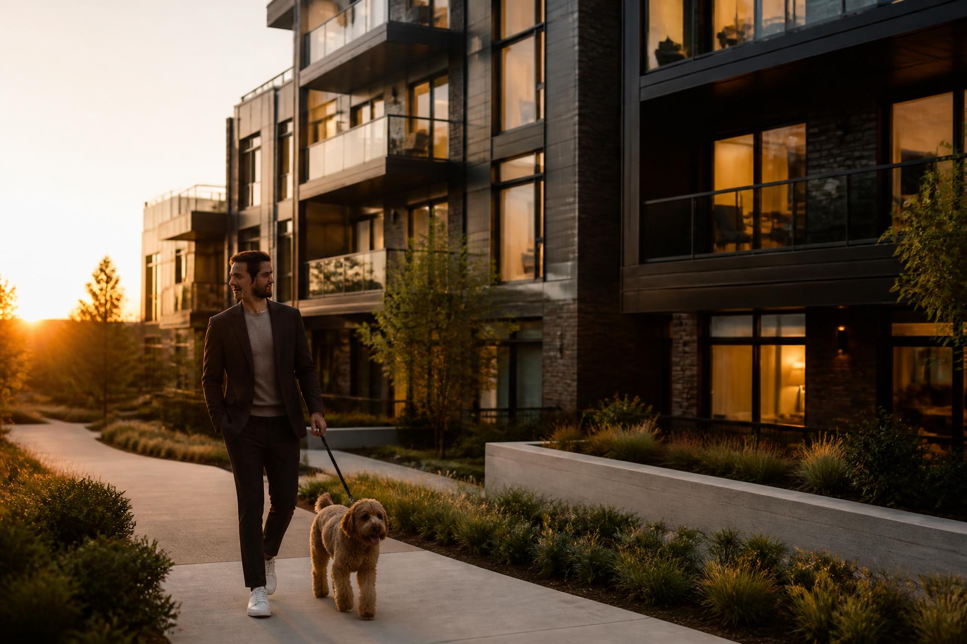 A resident in business attire walks a leashed dog along a landscaped path outside a modern institutional multifamily community at golden hour