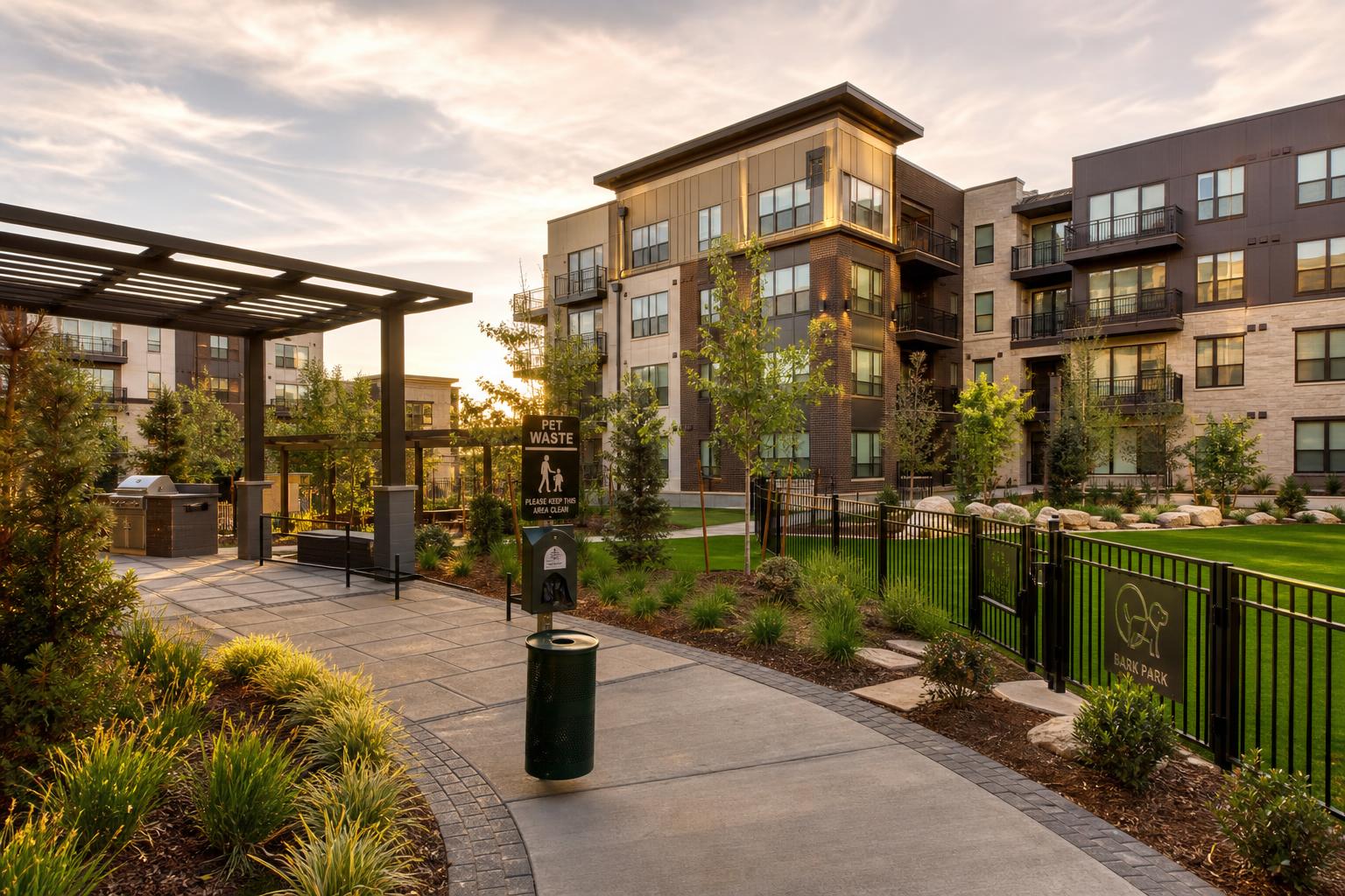 Modern multifamily courtyard with integrated pet-friendly infrastructure