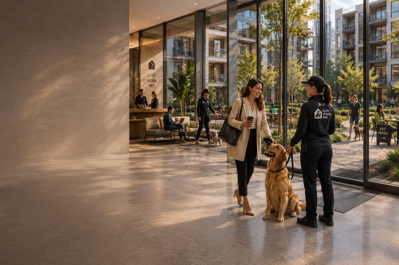 Resident with golden retriever greeted by a Live Work Pet team member in a modern apartment lobby