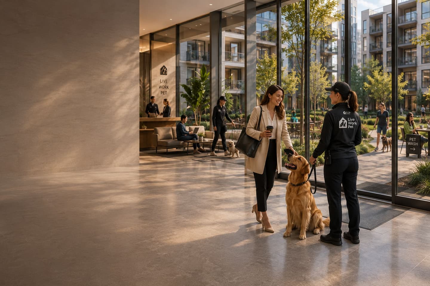 Resident with golden retriever greeted by a Live Work Pet team member in a modern apartment lobby