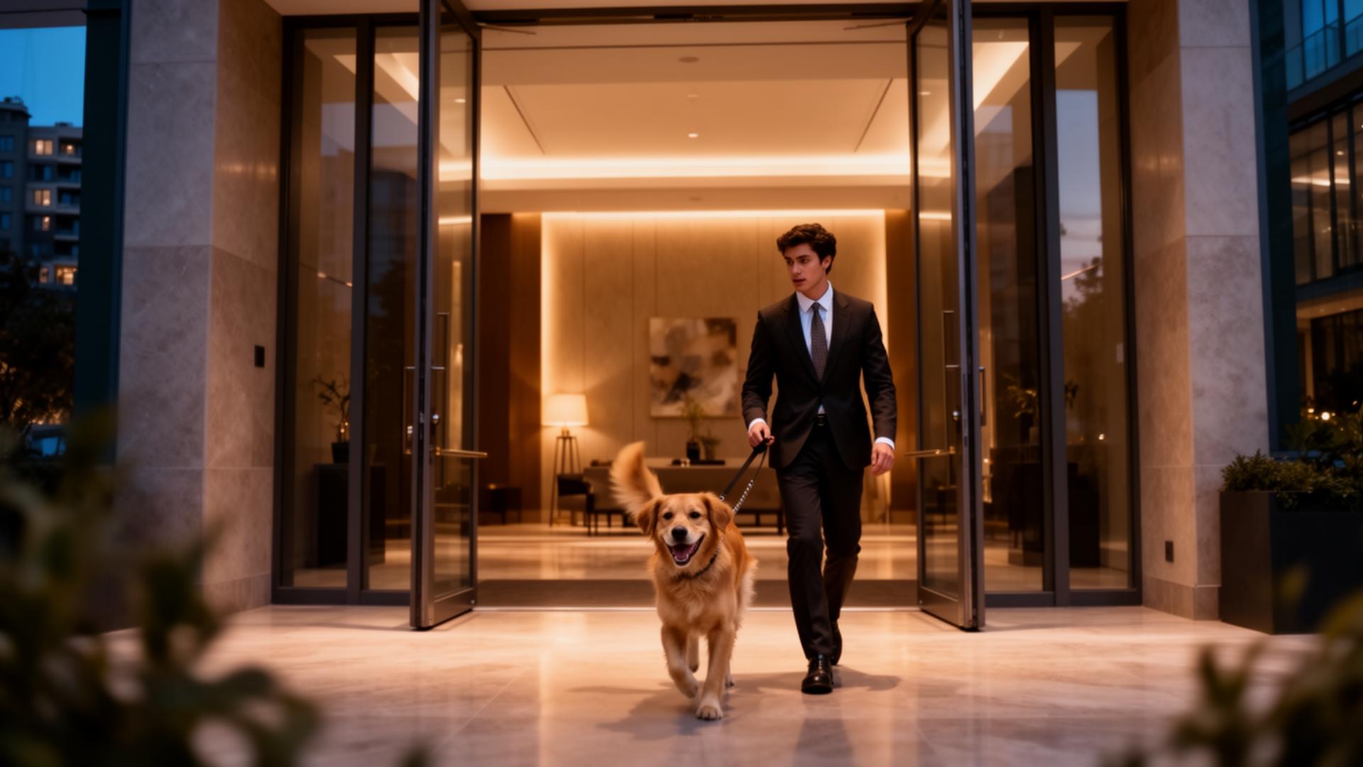 A resident in a suit walks a golden retriever through the lit entrance of an upscale apartment lobby at dusk