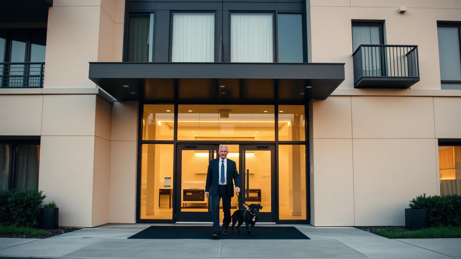 Modern multifamily apartment entrance at golden hour with a resident walking a leashed dog past the doorman
