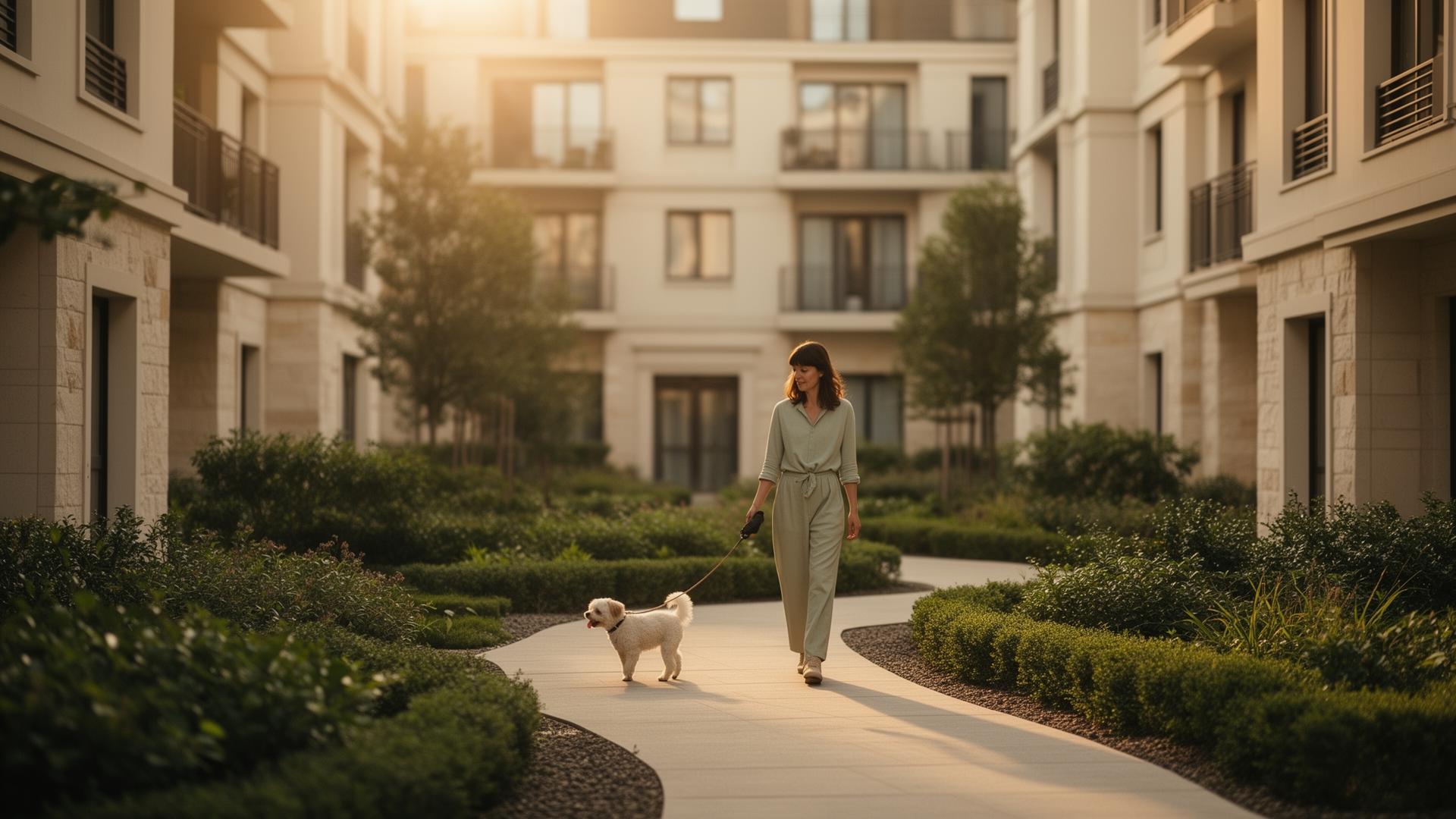 Resident walking a small dog through a landscaped multifamily courtyard at golden hour